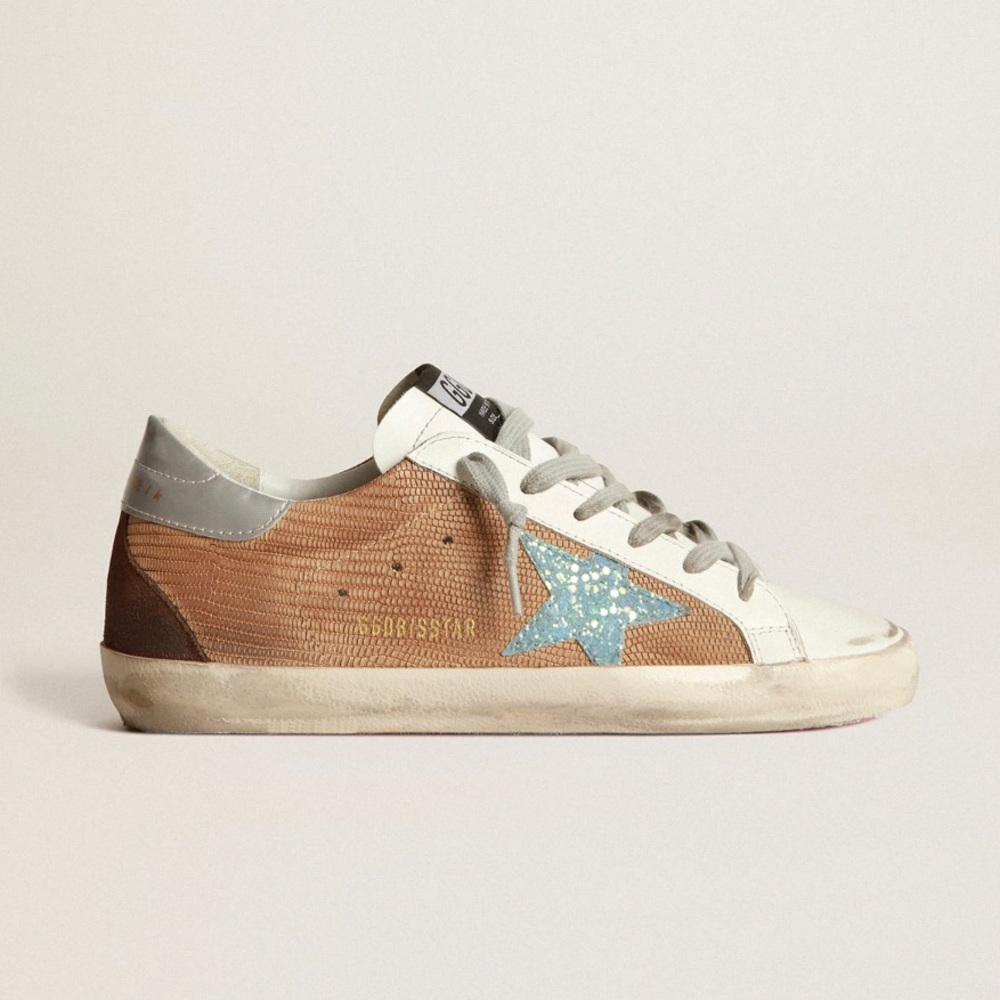 Golden Goose Super-Star sneakers, lizard-print leather & turquoise glitter star